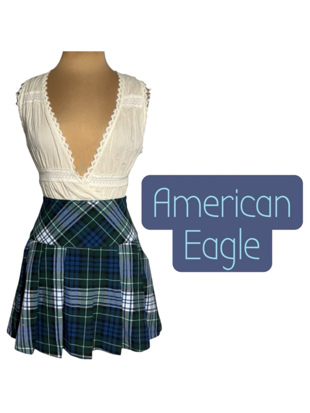 American Eagle Plaid Pleated Mini Skirt Blue Green Tartan Y2K Academia Size 14